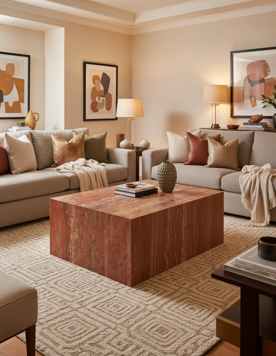 Mesa de Centro Rectangular Mármol Travertino Rojo 120x70x40cm - Oniko Stone