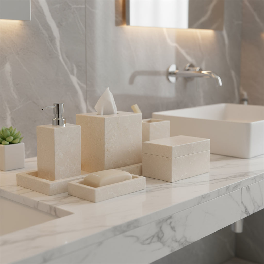 Set de accesorios de baño 7 piezas mármol ivory - Oniko Stone