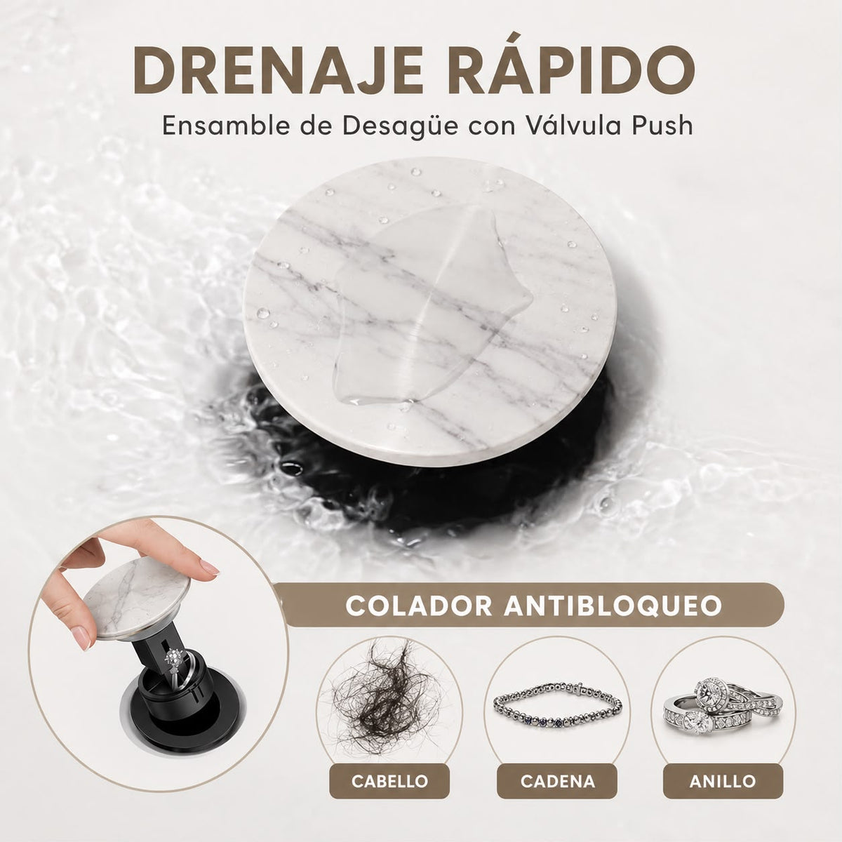 Desagüe Push para Lavabo con Tapa de Mármol