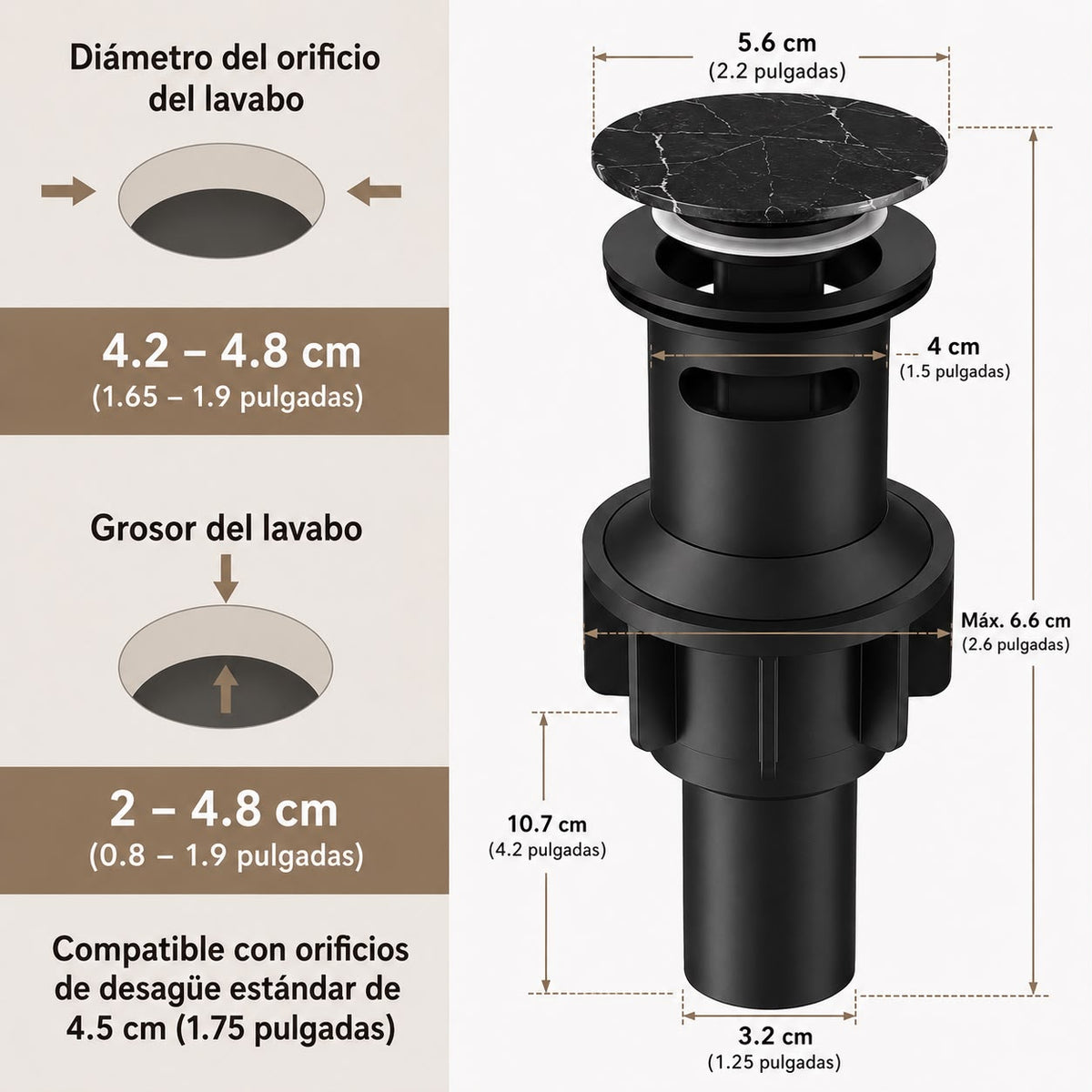 Desagüe Push para Lavabo con Tapa de Mármol